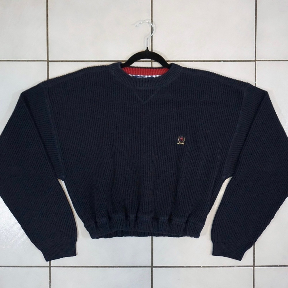Tommy Hilfiger Vintage 1990s Navy Rib Knit Crest Cropped Sweater